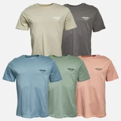JACK & JONES T-Shirts Herren Jeff Orion Fünfer Pack Mondlicht/Burgfels/Bergquelle/Korallen Mandel/Eisberg Grün
