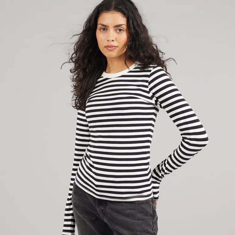 JJXX Damen Celine Gigi Langarm T Shirt Schwarz gestreift Vanille Eis Blackstripes:Vanilla Ice
