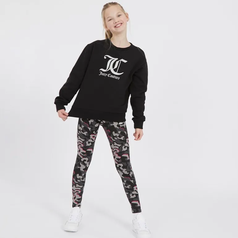 Juicy Couture Sweatshirt Mädchen mit Oversize-Crewneck und Leggings mit abstraktem Muster Trainingsanzug Schwarz
