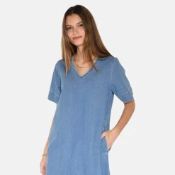 Moves Damen Morgen Kleid Midi 1002 Medium Blue