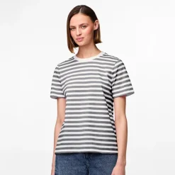 Pieces Damen Ria gestreiftes T Shirt Ultimate Grey