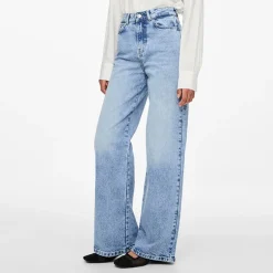 Pieces Damen Selma Weit Bein Jeans Light Blue Denim