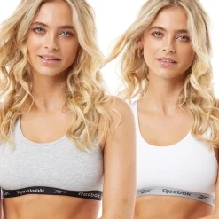 Reebok Damen Frankie Logo Zwei Pack Baumwolle Bralettes Weiß / Grau Melange