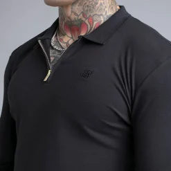 SikSilk Herren Langarm Reißverschluss Poloshirt Schwarz