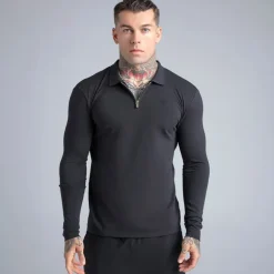 SikSilk Herren Langarm Reißverschluss Poloshirt Schwarz