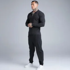 SikSilk Herren Langarm Reißverschluss Poloshirt Schwarz