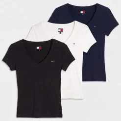 Tommy Jeans Damen 3er-Pack V Ausschnitt T Shirts Schwarz/Ecru/Dark Night Navy