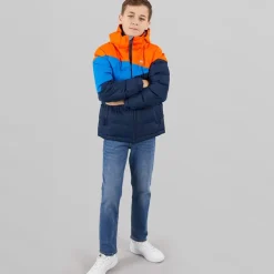 Trespass Wasserdichte gesteppte Kapuzenjacke Junge in Marineblau/Orange/Blau